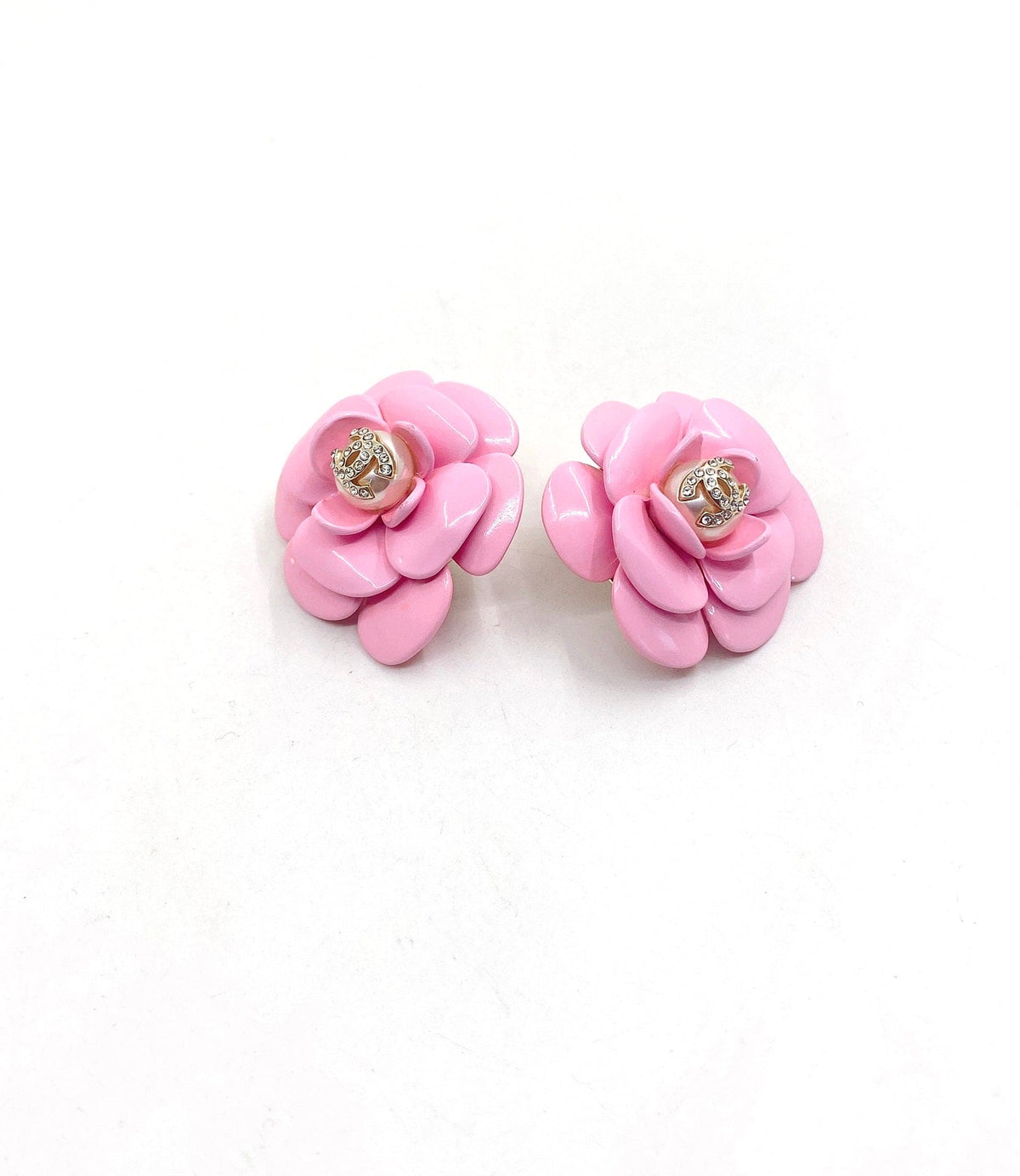 Chanel Pink Camellia Resin 18K Gold Earrings