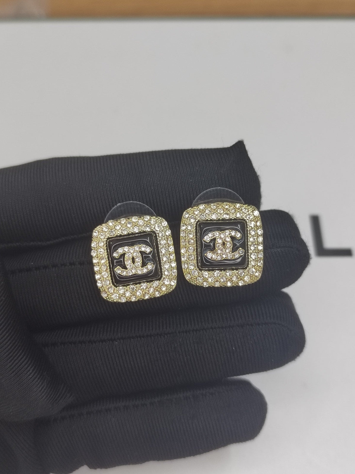 Chanel Diamond Square Black 18K Gold Earrings
