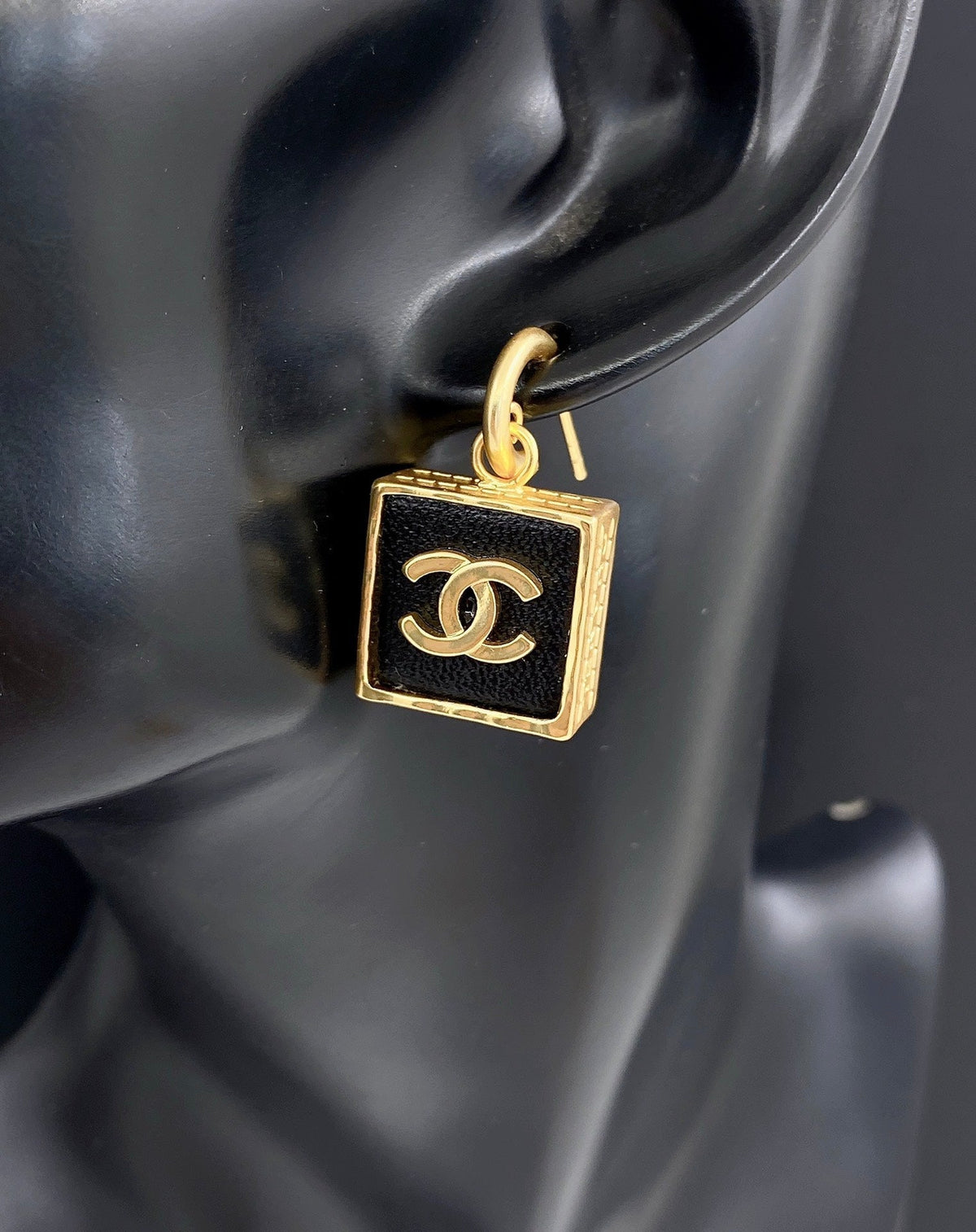 Chanel Black Bag Pendant 18K Gold Earrings
