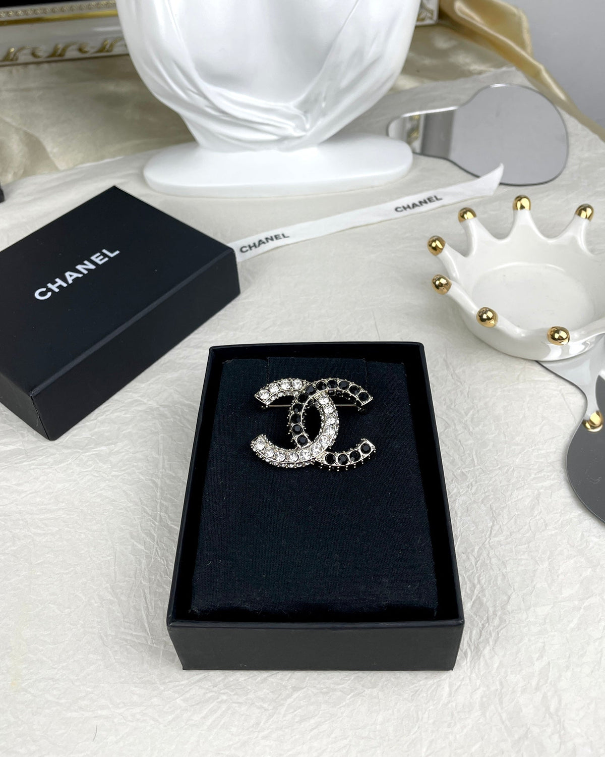Chanel Black & White Crystals 18K Gold Brooch