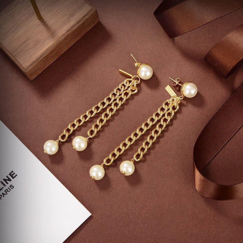 Celine Pearls Long 18K Gold Earrings