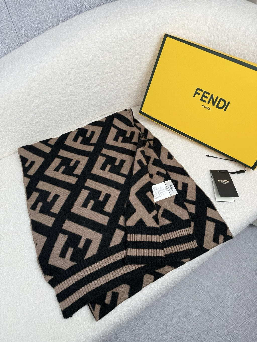 Fendi Brown and Black Geometric Knit Scarf — front