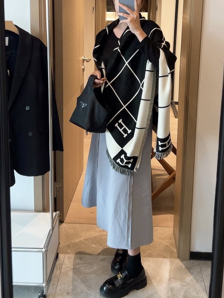 Hermès Black & Ivory Grid Square Scarf — model