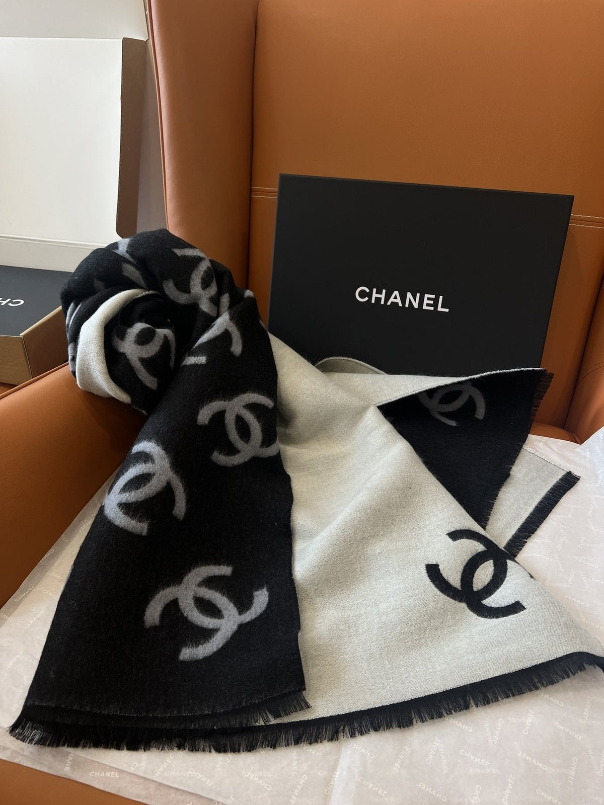 Chanel Reversible Black and Ivory Scarf — front