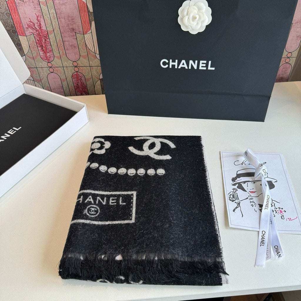 Chanel Pearl Motif Fringe Scarf — front
